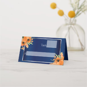 Orange Flowers on Navy Blue Place Card