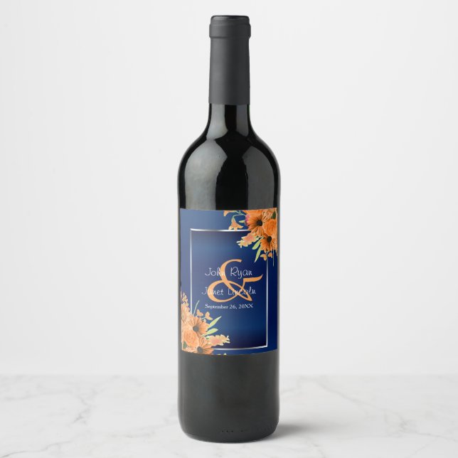 Orange Flowers on Navy Blue Wine Label (Front)