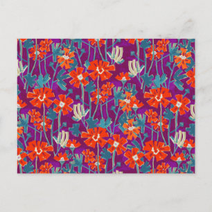 Orange flowers on purple throw pillow postcard