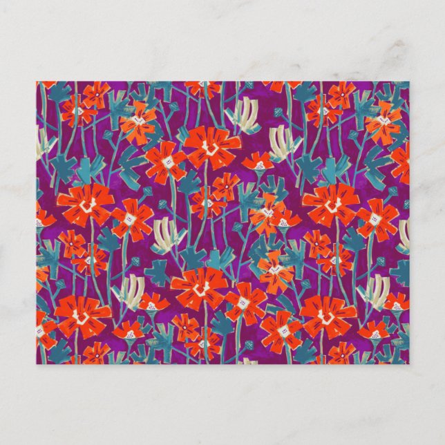 Orange flowers on purple throw pillow postcard (Front)