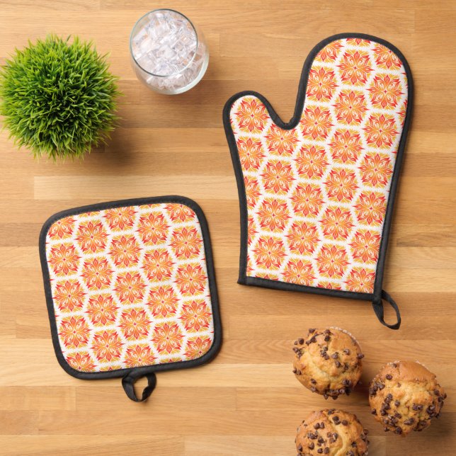 Orange Flowers, Pattern Of Flowers, Floral Pattern Oven Mitt & Pot Holder Set (Top Down)