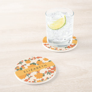 Orange Flowers, Pattern Of Flowers, Your Name Coaster