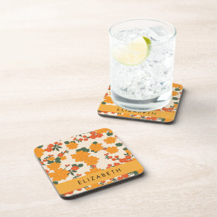 Orange Flowers, Pattern Of Flowers, Your Name Coaster