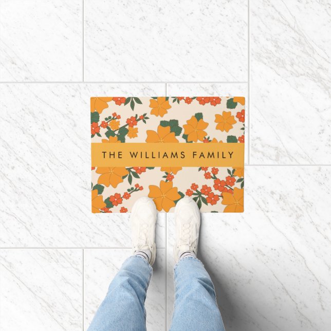Orange Flowers, Pattern Of Flowers, Your Name Doormat (Indoor)