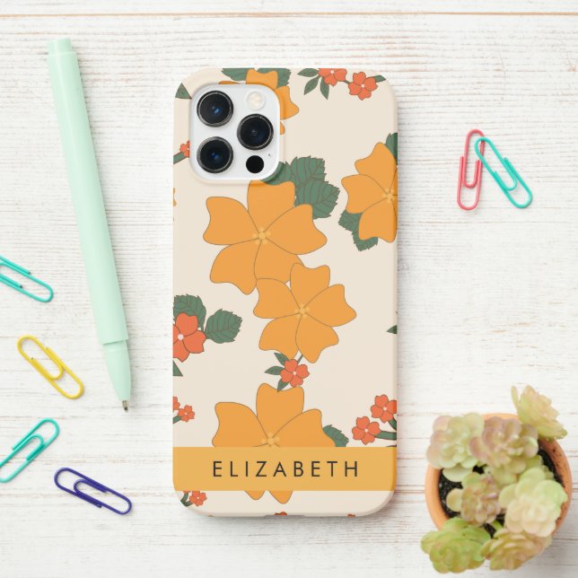 Orange Flowers, Pattern Of Flowers, Your Name iPhone Case (On Desk)