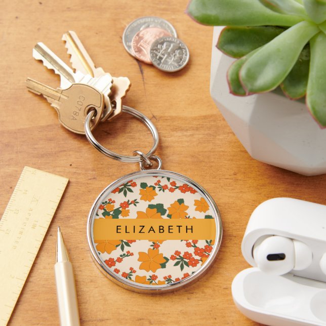 Orange Flowers, Pattern Of Flowers, Your Name Keychain (Desk)