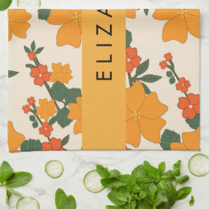 Orange Flowers, Pattern Of Flowers, Your Name Kitchen Towel