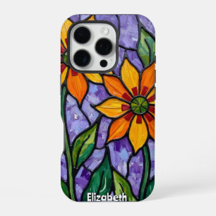 Orange Flowers Stained Glass Style iPhone 16 Pro Case