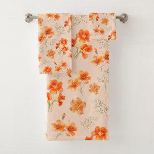 Orange Flowers with Green Leaves Bath Towel Set