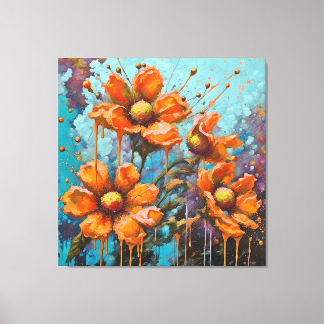 Orange Flowers With Paint Drippings Canvas Print (Front)