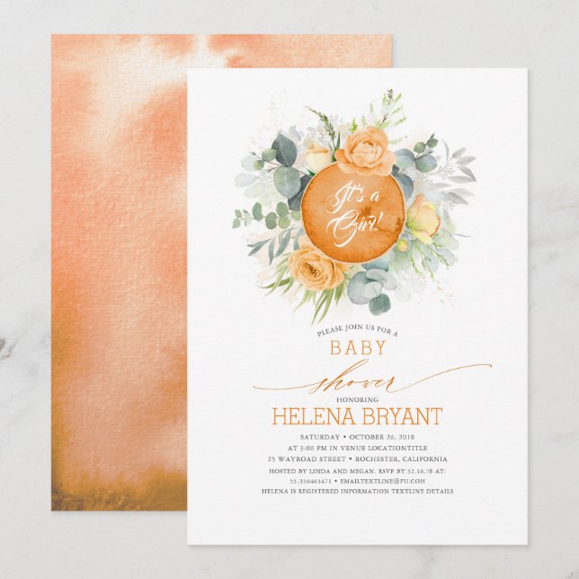 Orange Flowers Wreath Boho Fall Baby Shower Invitation (Front/Back)