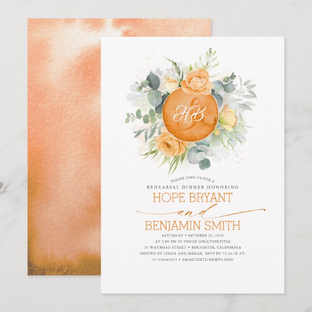 Orange Flowers Wreath Fall Rehearsal Dinner Invitation (Front/Back)