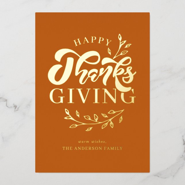 Orange Foliage Wreath Happy Thanksgiving Foil Holiday Card (Front)