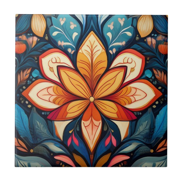 Orange Folk Flower  Tile (Front)