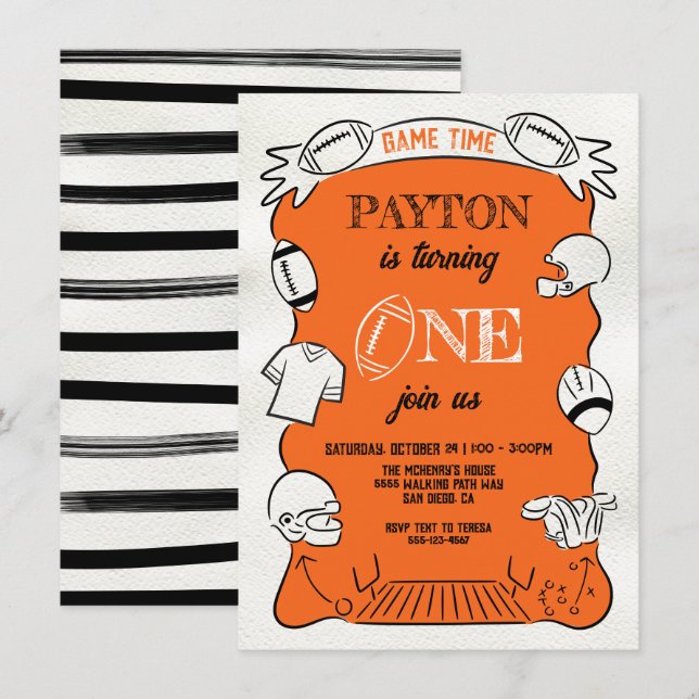 Orange Football 1st One Hand drawn Birthday Invitation (Front/Back)