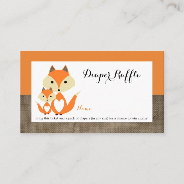 Orange Fox Burlap Baby Shower Diaper Raffle Ticket Enclosure Card (Front)