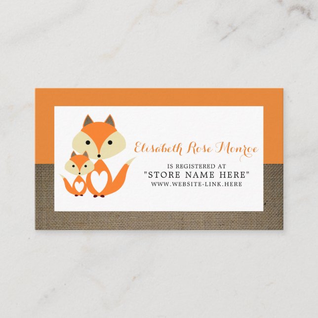 Orange Fox Burlap Baby Shower Gift Registry Enclosure Card (Front)