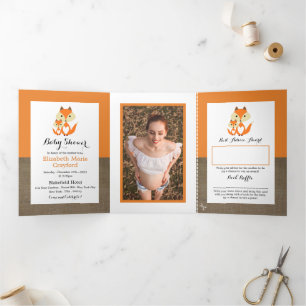 Orange Fox Burlap, Baby Shower Suite Tri-Fold Invitation