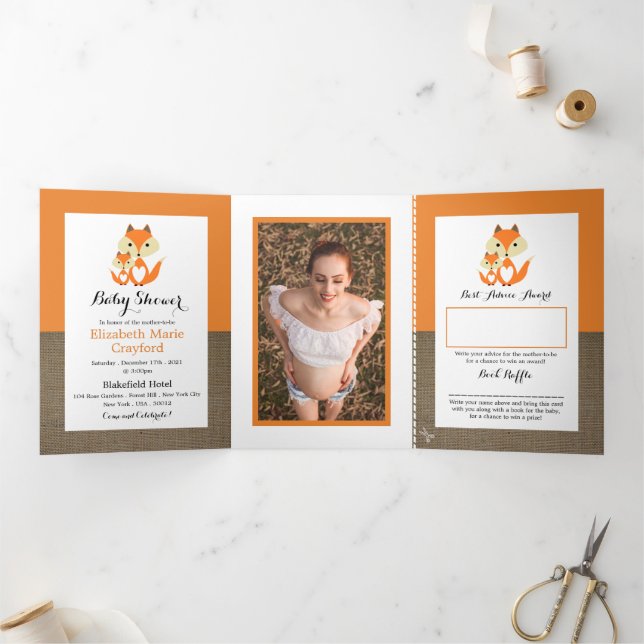 Orange Fox Burlap, Baby Shower Suite Tri-Fold Invitation (Inside)