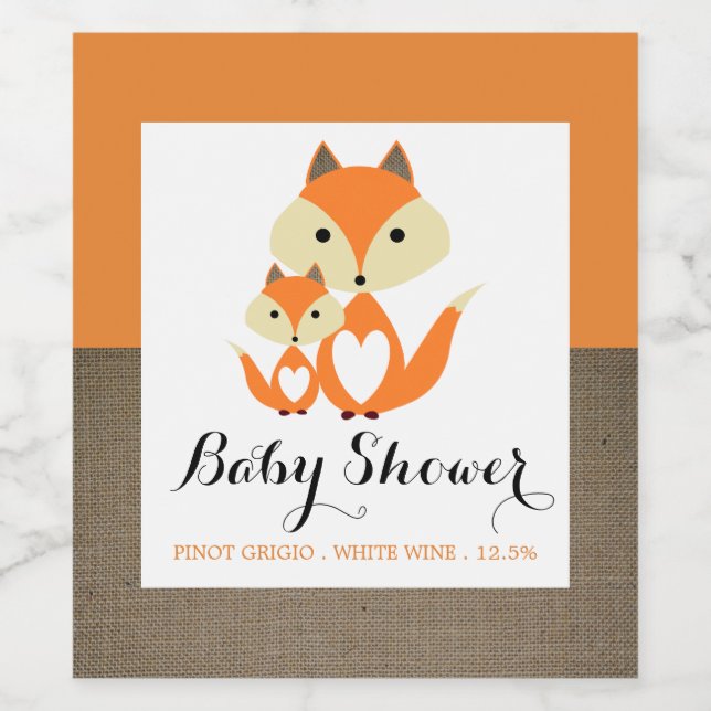 Orange Fox Burlap Baby Shower Wine Label (Single Label)