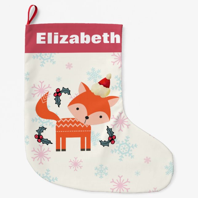 Orange Fox In Santa Hat Cute Christmas Customized Large Christmas Stocking (Front)