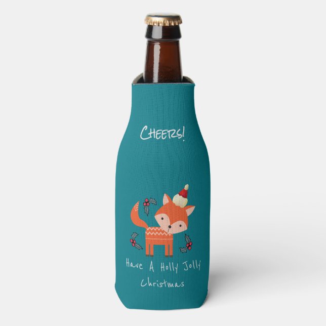 Orange Fox In Santa Hat Cute Whimsical Christmas Bottle Cooler (Bottle Front)
