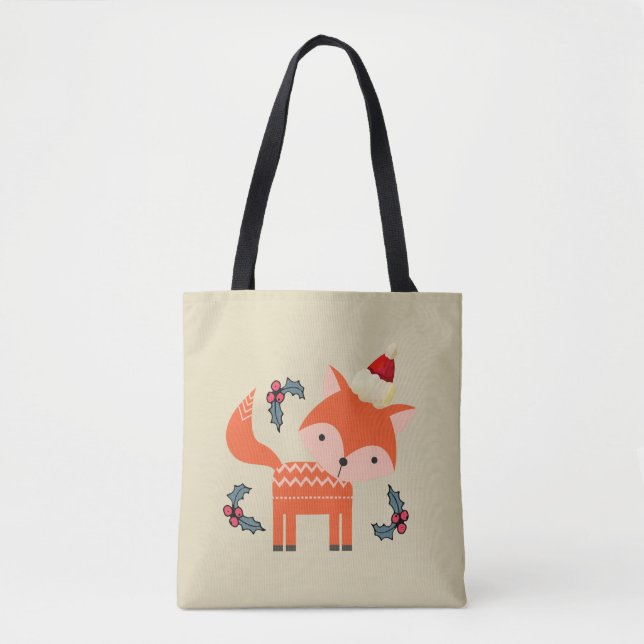 Orange Fox In Santa Hat Cute Whimsical Christmas Tote Bag (Front)