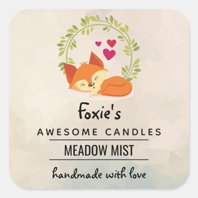 Orange Fox with Red Hearts Soap Candle Scent Square Sticker (Front)