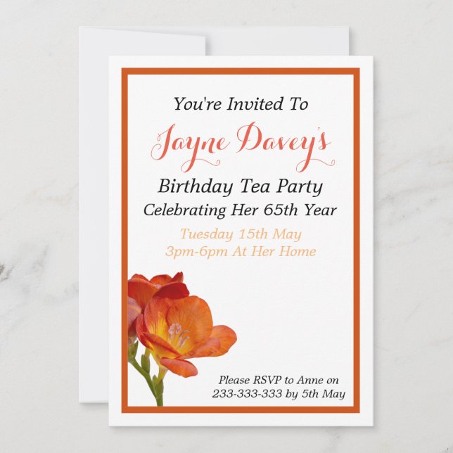 Orange Freesia Flower Birthday Invitation (Front)
