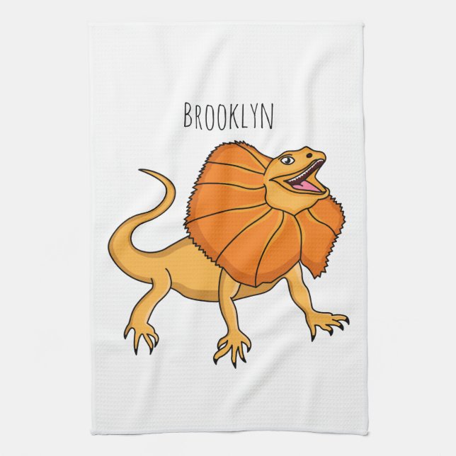 Orange frilled-neck lizard cartoon illustration kitchen towel (Vertical)