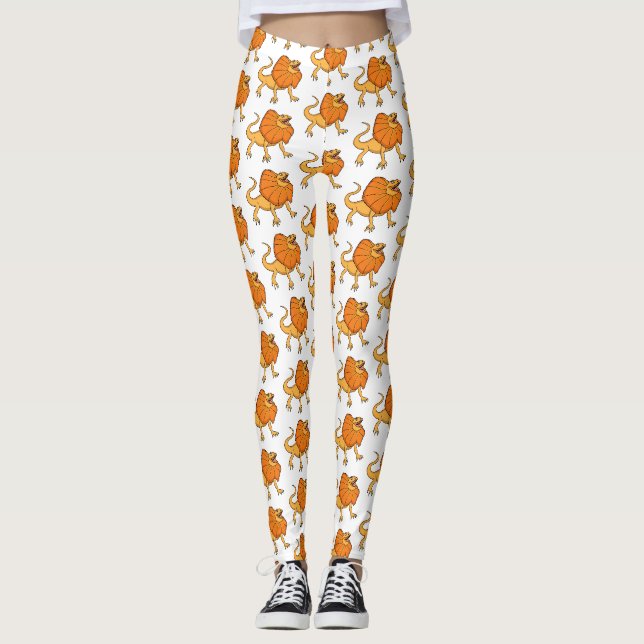 Orange frilled-neck lizard cartoon illustration leggings (Front)
