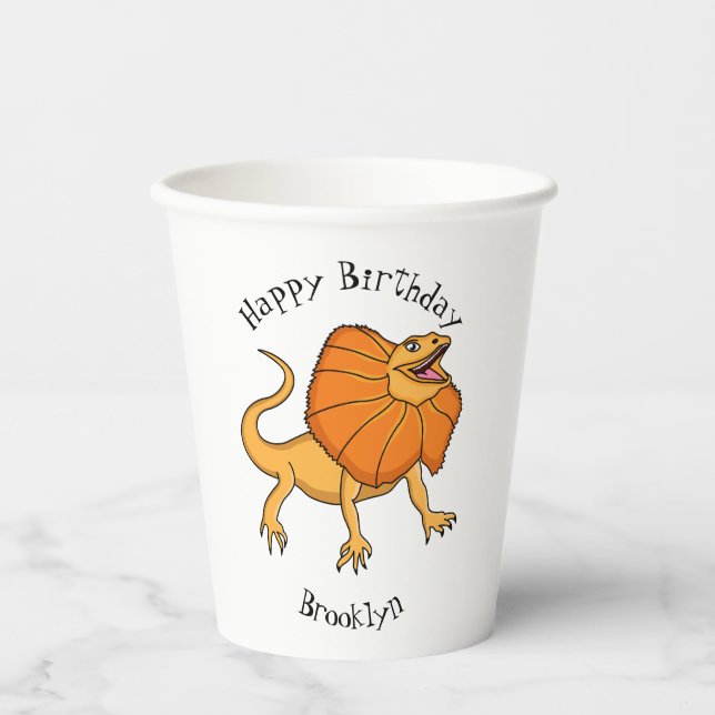 Orange frilled-neck lizard cartoon illustration paper cups (Front)