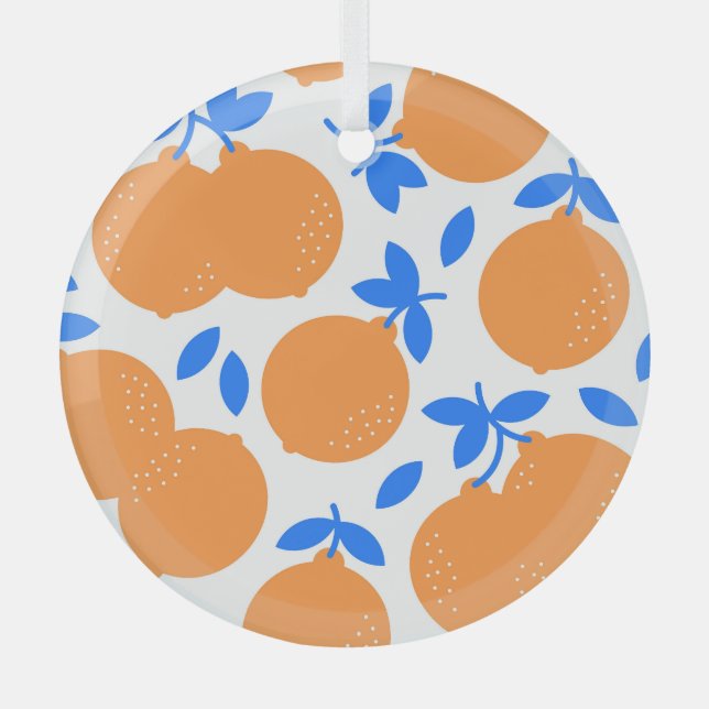 Orange Fruit: Exquisite Blue-Twigged Pattern. Glass Ornament (Front)