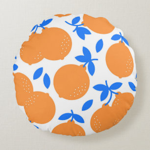 Orange Fruit: Exquisite Blue-Twigged Pattern. Round Pillow