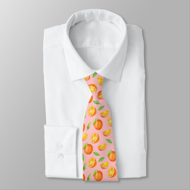 Orange Fruit Fun Watercolor Pattern Tie (Tied)