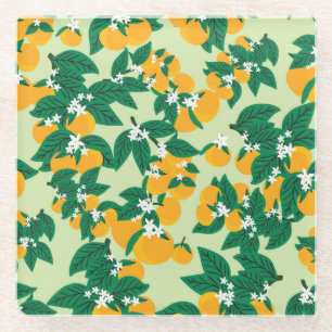 Orange fruit: green vintage pattern. glass coaster