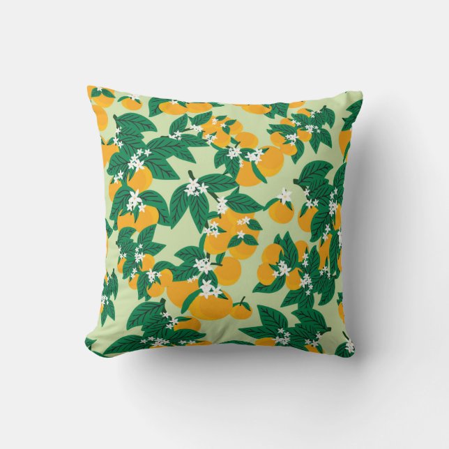 Orange fruit: green vintage pattern. throw pillow (Front)