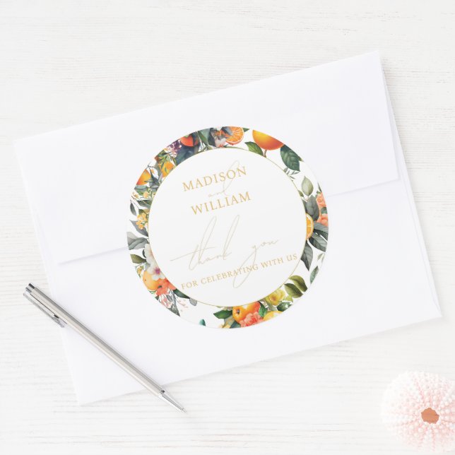 Orange Fruit Wedding Personalized Thank you Classic Round Sticker (Envelope)