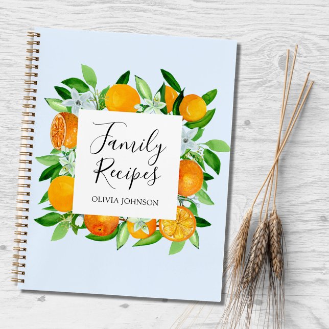 Orange Fruits and Flowers Family Recipe Cookbook Notebook (In situ)