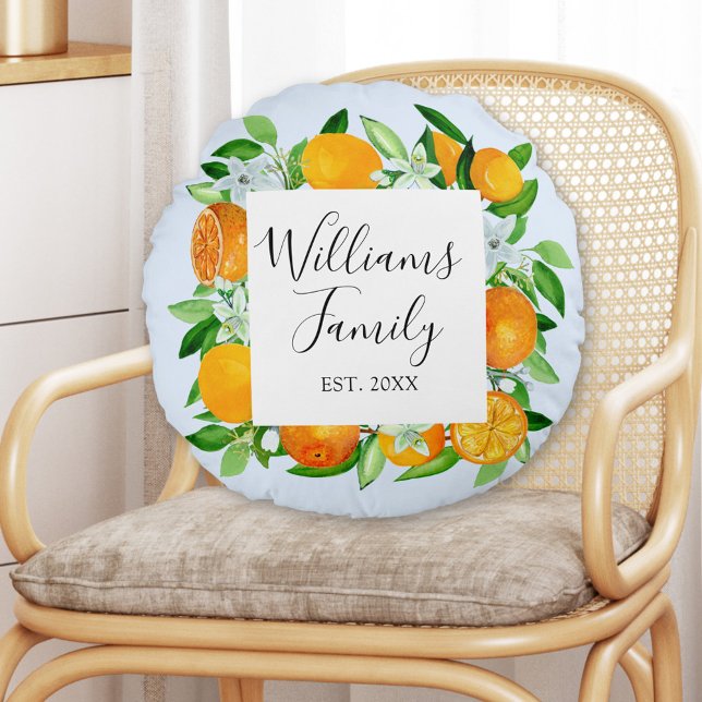 Orange Fruits and Flowers Summer Floral botanical Round Pillow (In situ)