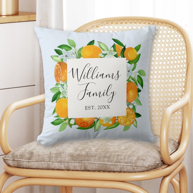 Orange Fruits and Flowers Summer Floral botanical Throw Pillow (In situ)