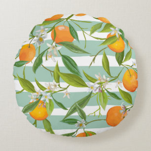 Orange Fruits Floral: Seamless Vintage. Round Pillow