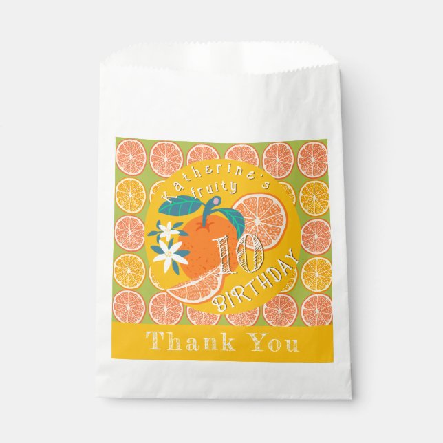 Orange Fruity 10th Birthday Green Favour Bag (Front)