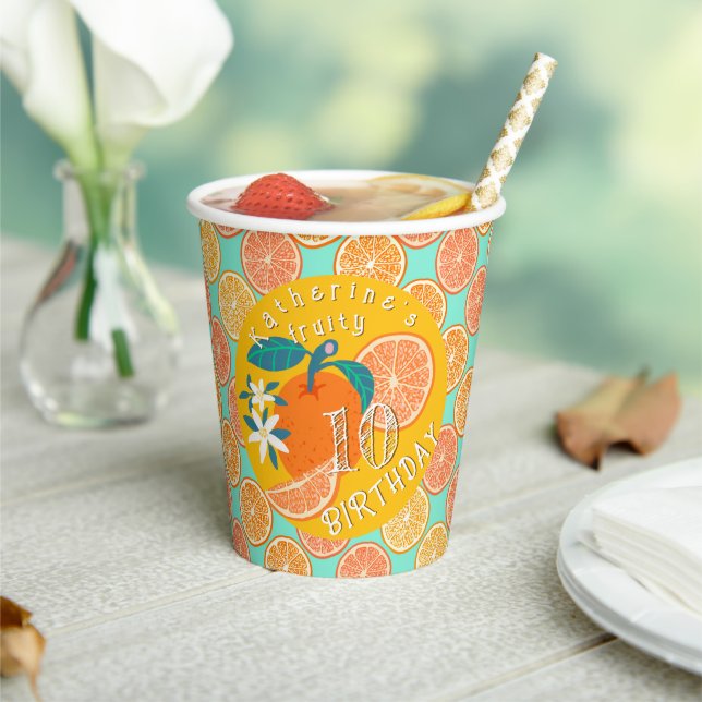 Orange Fruity 10th Birthday Teal Blue Paper Cups (Insitu)
