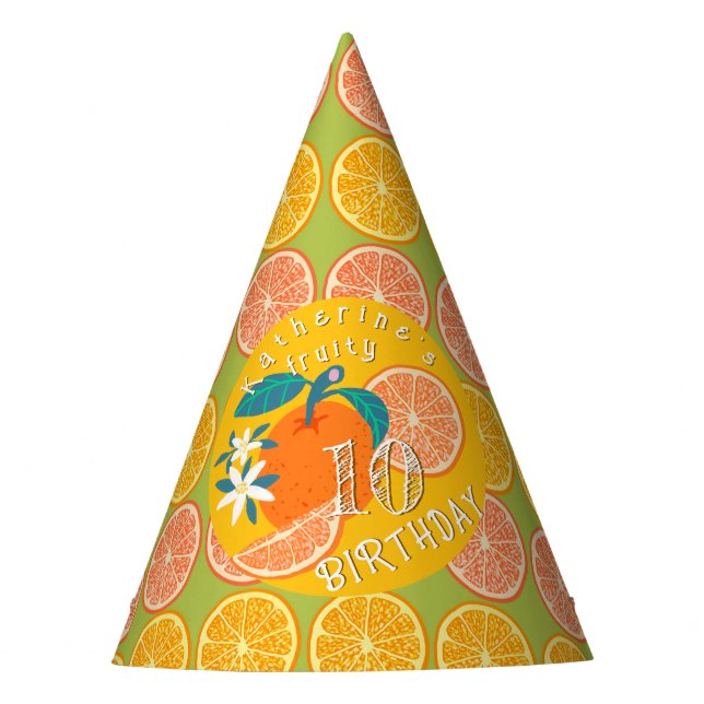 Orange Fruity Birthday Green Party Hat (Front)