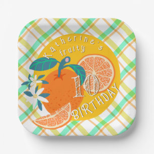 Orange Fruity Plaid 10th Birthday Paper Plate