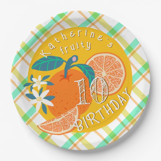 Orange Fruity Plaid 10th  Birthday Paper Plate (Front)
