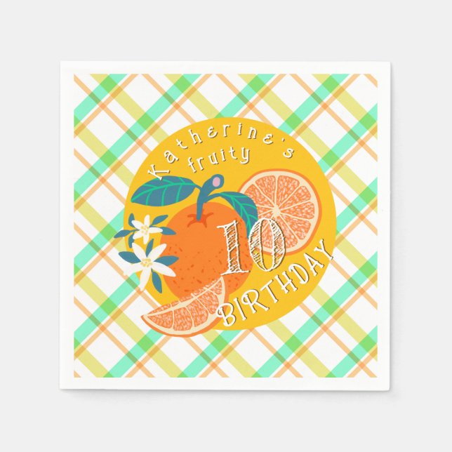 Orange Fruity Plaid Birthday  Napkin (Front)