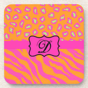 Orange & Fuchsia Pink Zebra & Cheetah Personalized Coaster