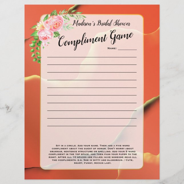 Orange Fun Bridal Shower Icebreaker 💕 5 Word Game (Front)